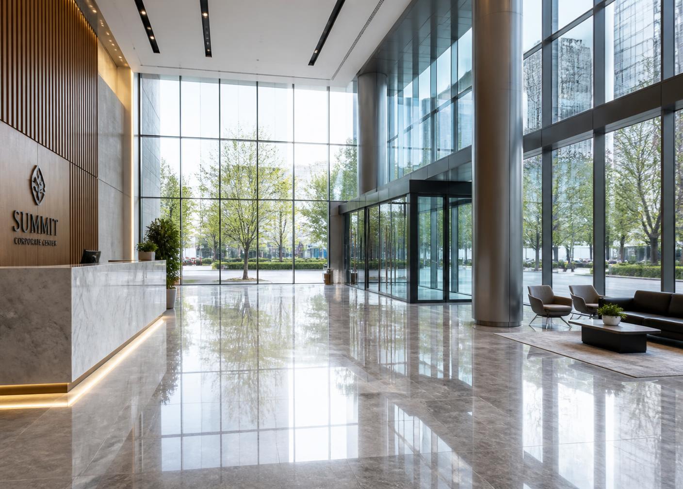 Polished lobby floors in a professionally cleaned commercial building